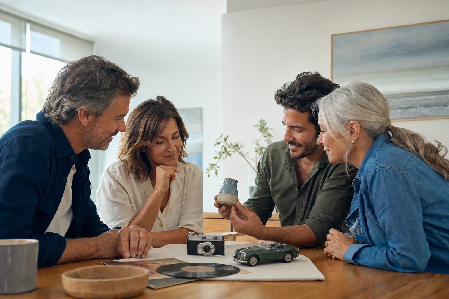 Four people discuss a ceramic piece, camera, vinyl record, and model car at a table.