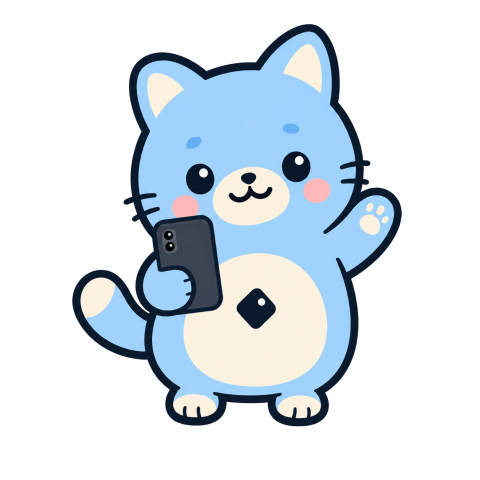 LotCircle blue cat mascot using a phone and waving hello.