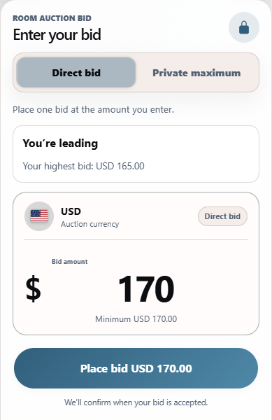 The mobile Place a bid screen: direct bid and private maximum options, your leading position, bid amount and confirmation button.
